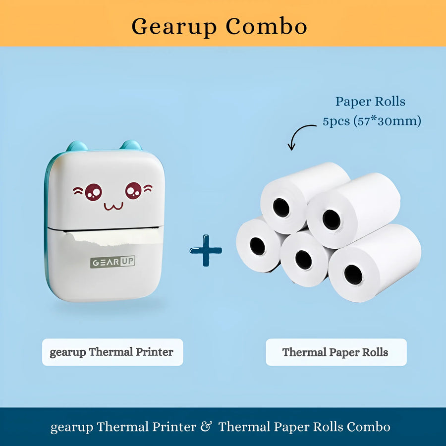 GearUP Mini Thermal Printer & Thermal Paper Rolls Combo - Blue