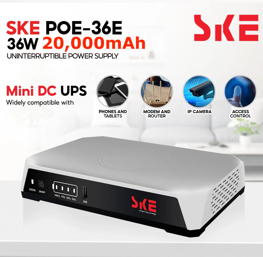 SKE POE-36E-LFP 20,000mAh Mini DC UPS – 36W LiFePO4 (5V/9V/12V 3A)