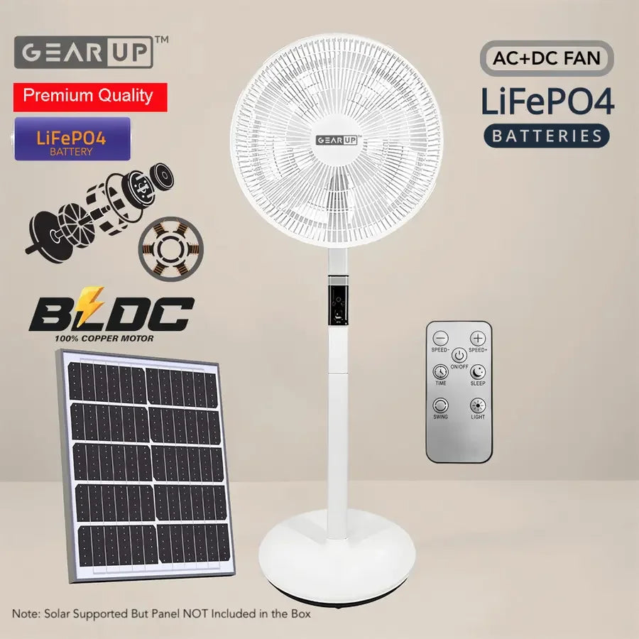 GearUP GP90 14 inch Premium Rechargeable LiFePO4 + BLDC Solar Stand Fan (Without Solar Panel)
