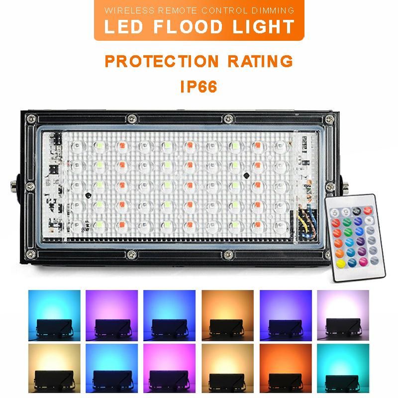 RGB LED Flood Light 50W - Remote Controlled IP66 Waterproof Outdoor Light (AC220V) - Black