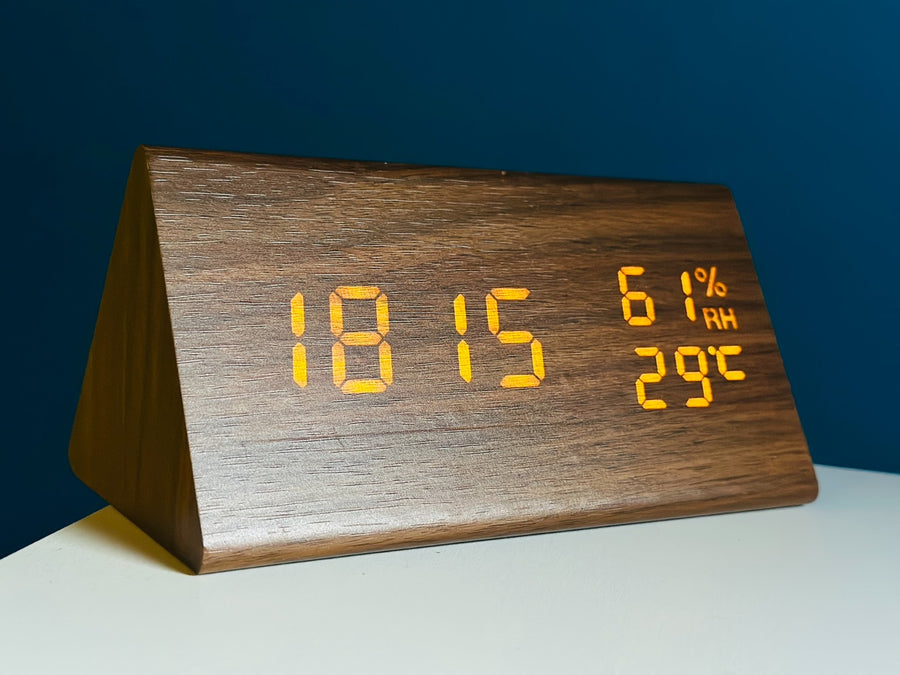 Triangle Wooden Style Digital LED Clock - Dark Wood