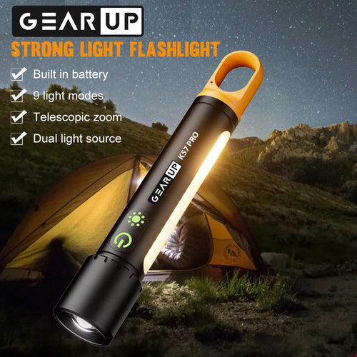 GearUP K57 PRO Rechargeable High Power Flashlight + Large COB Light (3500mAh)